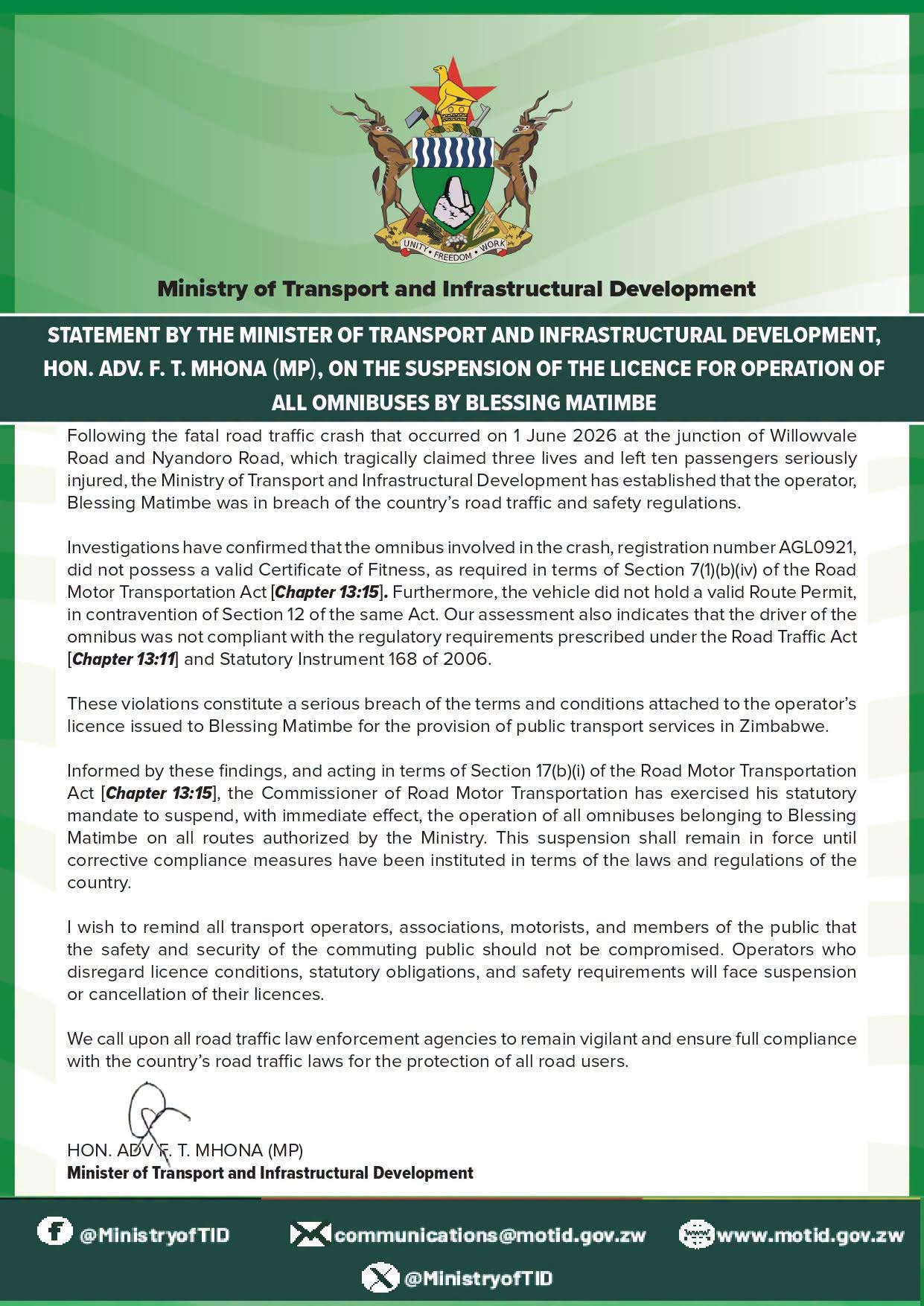 Government Suspends Blessing Matimbe Omnibus Operations After Fatal Crash